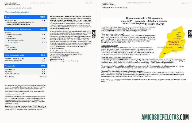 imprimível Modelo de fatura de serviços públicos Xfinity dos EUA em formatos Word e PDF, 4 páginas, versão 3, 3 4 páginas